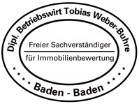 Schwarz-weißer runder Stempel mit Texten zu Dipl.-Betriebswirt Tobias Weber-Buhre, Freier Sachverständiger für Immobilienbewertung, Baden-Baden